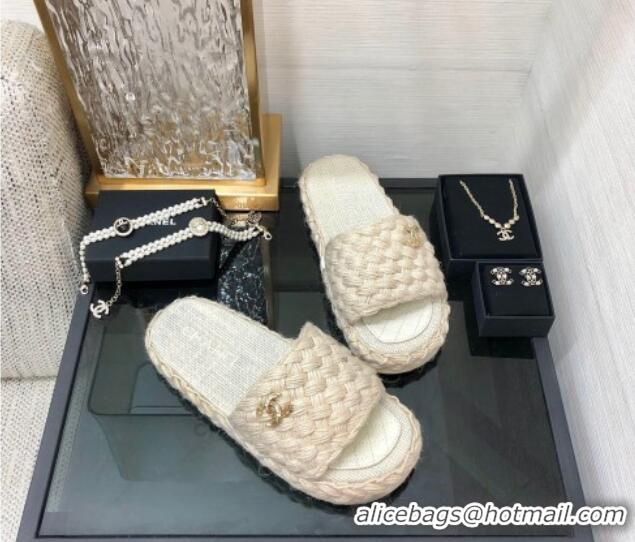 Stylish Chanel Cord Braided Flat Slide Sandals 030762 White