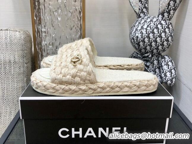 Stylish Chanel Cord Braided Flat Slide Sandals 030762 White