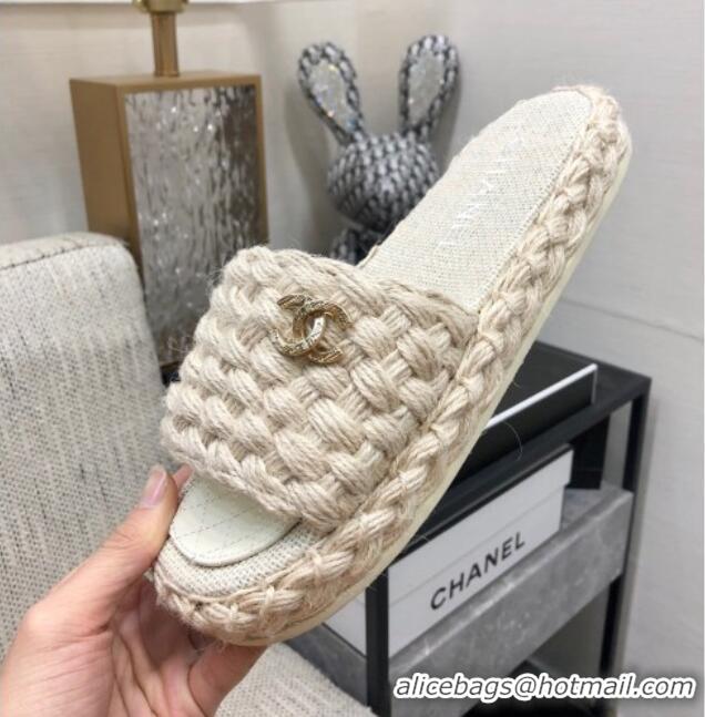 Stylish Chanel Cord Braided Flat Slide Sandals 030762 White