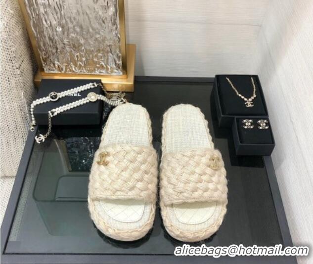 Stylish Chanel Cord Braided Flat Slide Sandals 030762 White