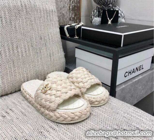 Stylish Chanel Cord Braided Flat Slide Sandals 030762 White