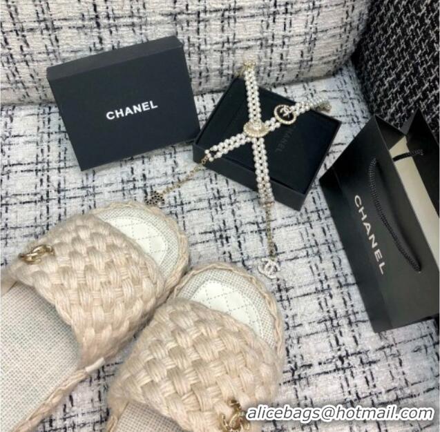 Stylish Chanel Cord Braided Flat Slide Sandals 030762 White