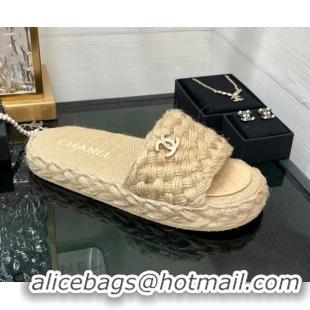 Sophisticated Chanel Cord Braided Flat Slide Sandals Beige 030764