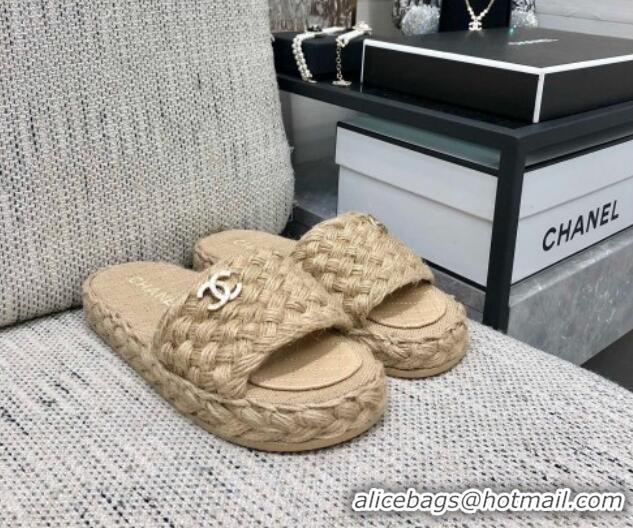 Sophisticated Chanel Cord Braided Flat Slide Sandals Beige 030764