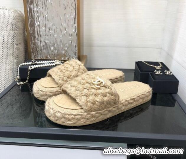 Sophisticated Chanel Cord Braided Flat Slide Sandals Beige 030764