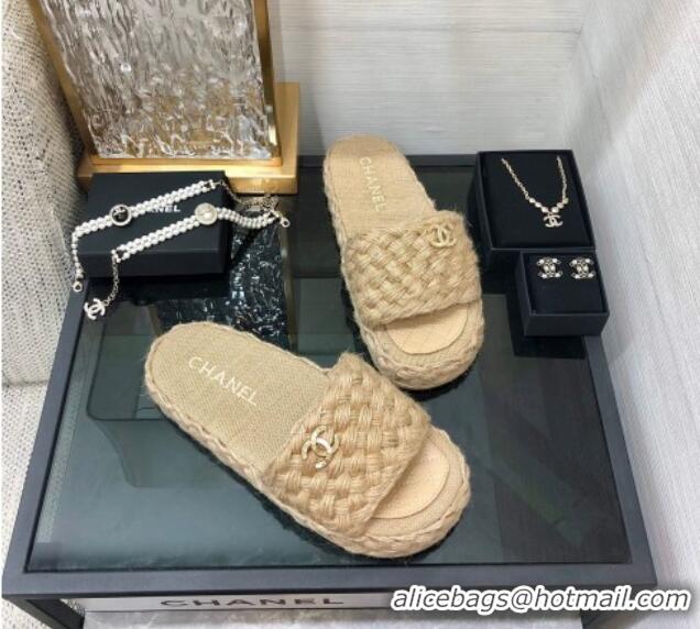 Sophisticated Chanel Cord Braided Flat Slide Sandals Beige 030764