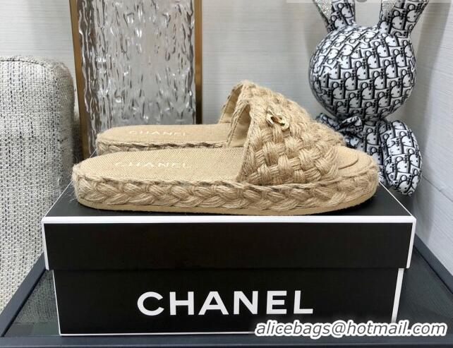 Sophisticated Chanel Cord Braided Flat Slide Sandals Beige 030764