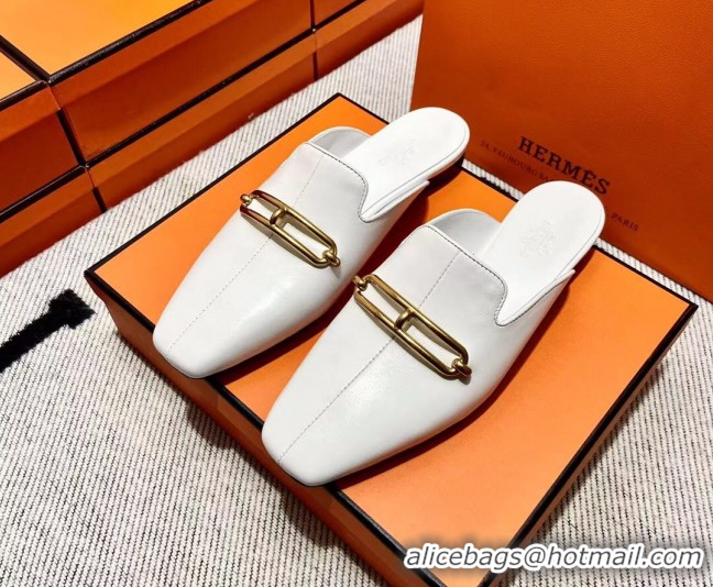 Good Quality Hermes Esmee Mule with Iconic Roulis Buckle 0209051 White