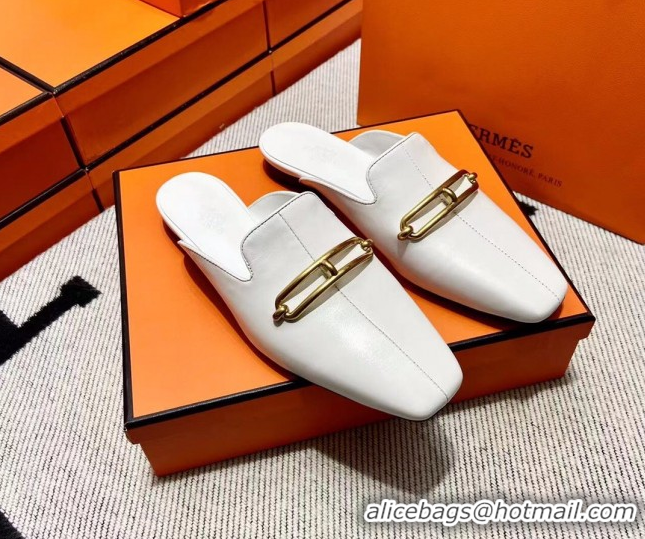 Good Quality Hermes Esmee Mule with Iconic Roulis Buckle 0209051 White