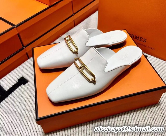 Good Quality Hermes Esmee Mule with Iconic Roulis Buckle 0209051 White