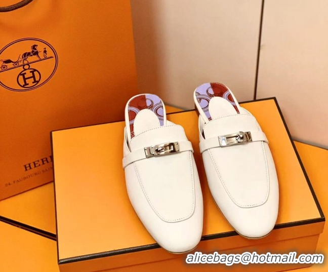 Grade Quality Hermes Oz Mule in Smooth Calfskin with Iconic Kelly Buckle 209055 White