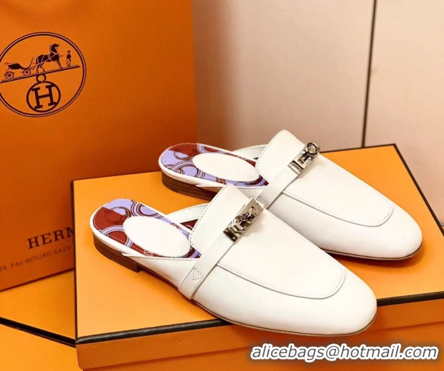 Grade Quality Hermes Oz Mule in Smooth Calfskin with Iconic Kelly Buckle 209055 White