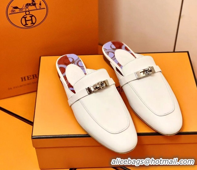 Grade Quality Hermes Oz Mule in Smooth Calfskin with Iconic Kelly Buckle 209055 White