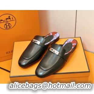 Pretty Style Hermes Oz Mule in Smooth Calfskin with Iconic Kelly Buckle 209055 Black