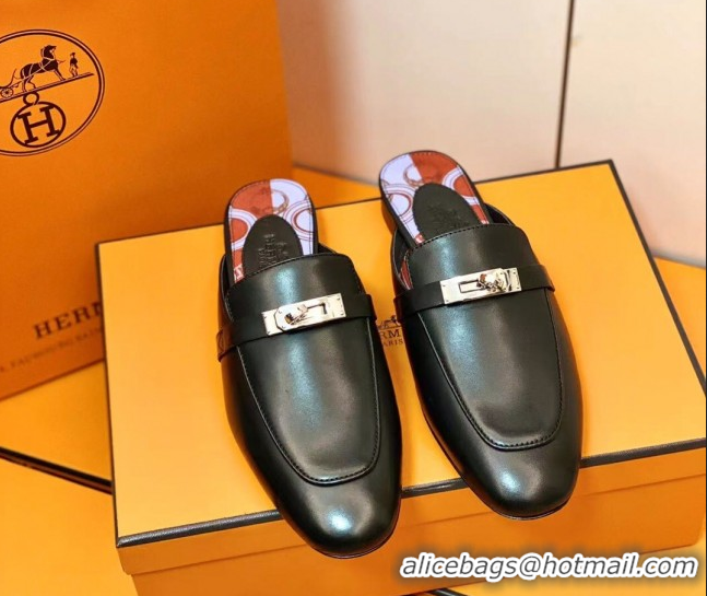 Pretty Style Hermes Oz Mule in Smooth Calfskin with Iconic Kelly Buckle 209055 Black