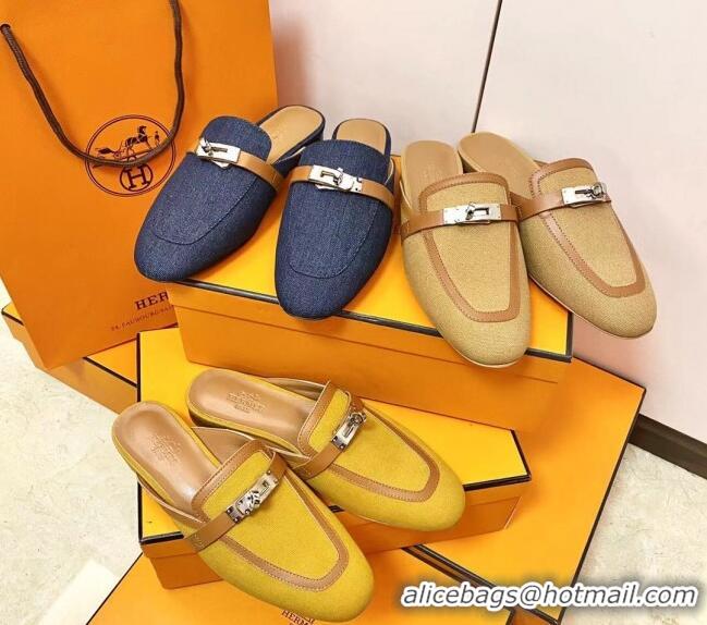 Stylish Hermes Oz Mule in Denim Canvas and Calfskin with Iconic Kelly Buckle 0209059 Brow