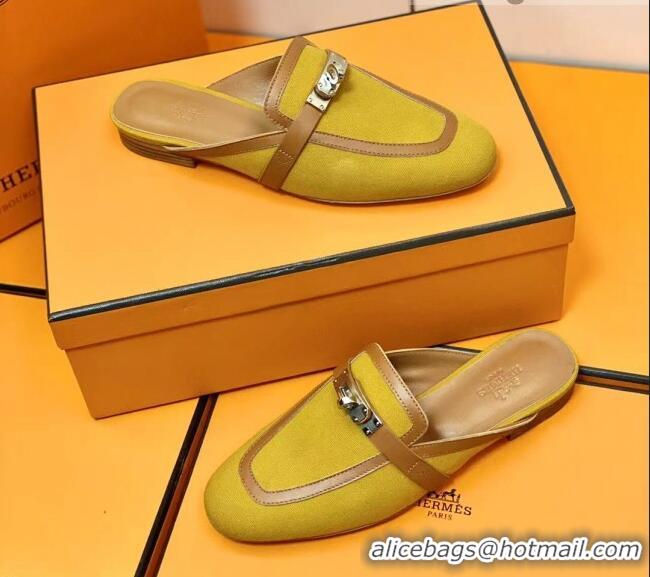 Duplicate Hermes Oz Mule in Denim Canvas and Calfskin with Iconic Kelly Buckle Ginger 0209060