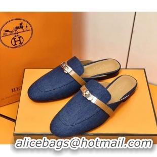 Sumptuous Hermes Oz Mule in Denim Canvas and Calfskin with Iconic Kelly Buckle Blue 0209061