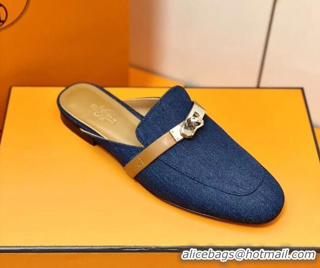 Sumptuous Hermes Oz Mule in Denim Canvas and Calfskin with Iconic Kelly Buckle Blue 0209061