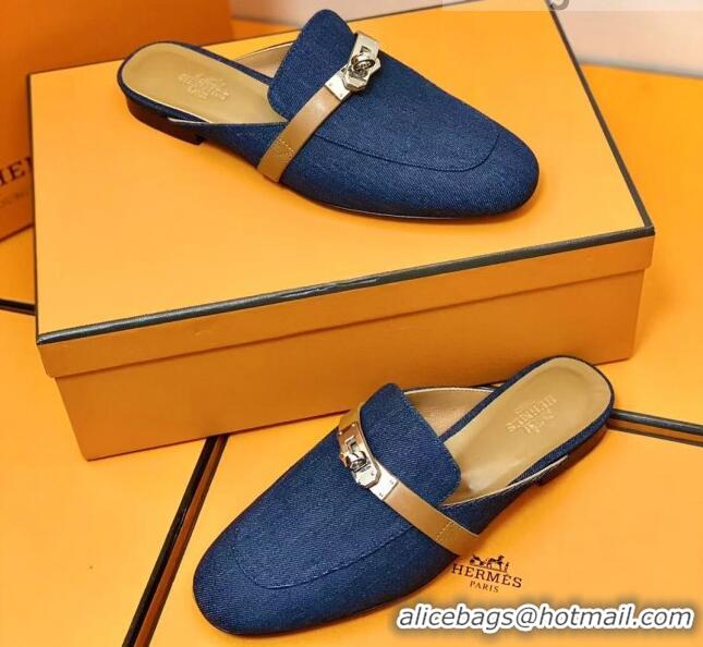 Sumptuous Hermes Oz Mule in Denim Canvas and Calfskin with Iconic Kelly Buckle Blue 0209061