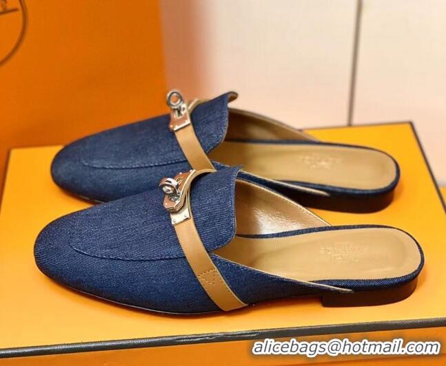 Sumptuous Hermes Oz Mule in Denim Canvas and Calfskin with Iconic Kelly Buckle Blue 0209061