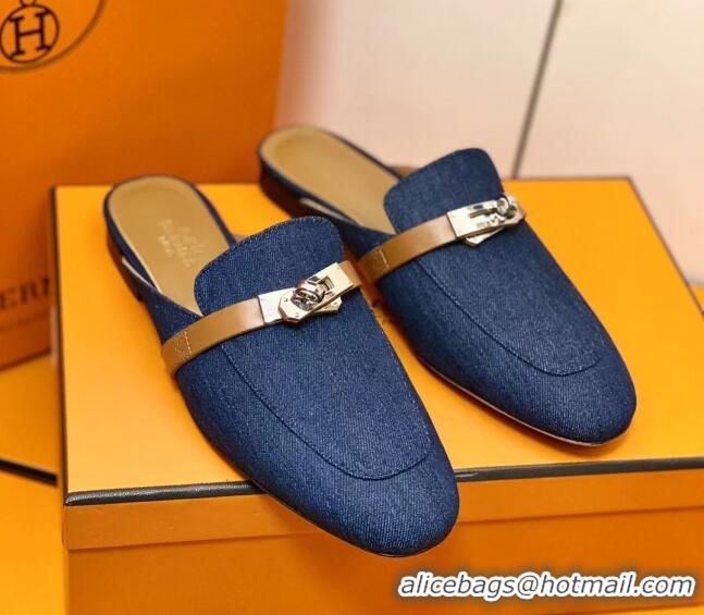 Sumptuous Hermes Oz Mule in Denim Canvas and Calfskin with Iconic Kelly Buckle Blue 0209061