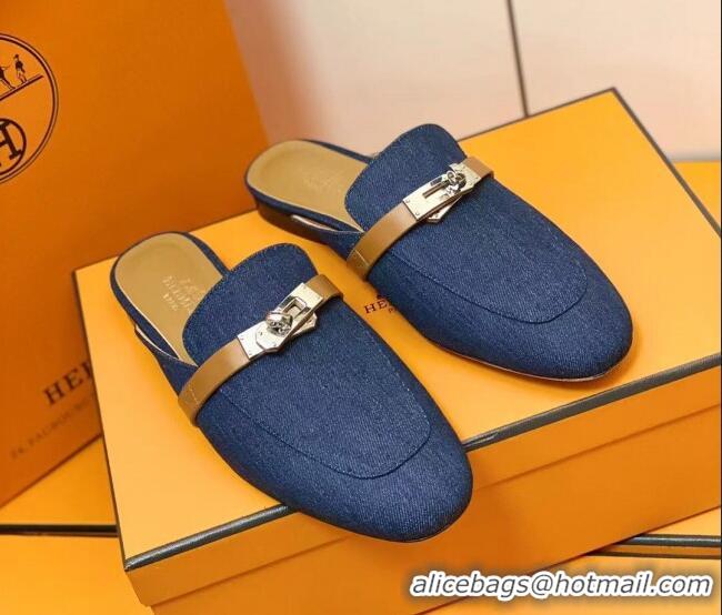 Sumptuous Hermes Oz Mule in Denim Canvas and Calfskin with Iconic Kelly Buckle Blue 0209061