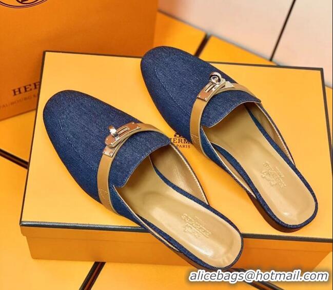 Sumptuous Hermes Oz Mule in Denim Canvas and Calfskin with Iconic Kelly Buckle Blue 0209061