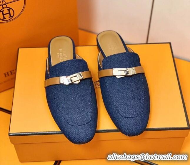 Sumptuous Hermes Oz Mule in Denim Canvas and Calfskin with Iconic Kelly Buckle Blue 0209061