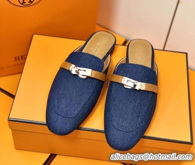 Sumptuous Hermes Oz Mule in Denim Canvas and Calfskin with Iconic Kelly Buckle Blue 0209061