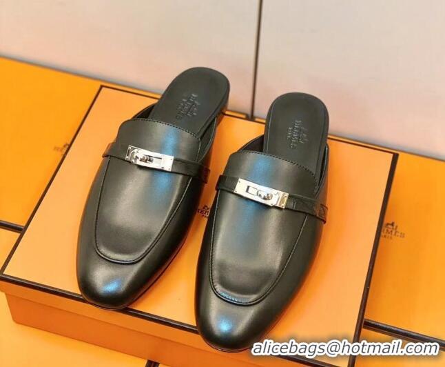 Fashion Hermes Oz Mule in Smooth Calfskin and Crocodile with Iconic Kelly Buckle Black 0209062