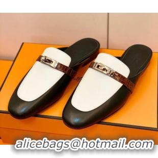 Good Quality Hermes Oz Mule in Smooth Calfskin and Crocodile with Iconic Kelly Buckle Black/White 0209063