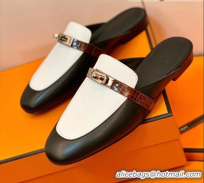 Good Quality Hermes Oz Mule in Smooth Calfskin and Crocodile with Iconic Kelly Buckle Black/White 0209063