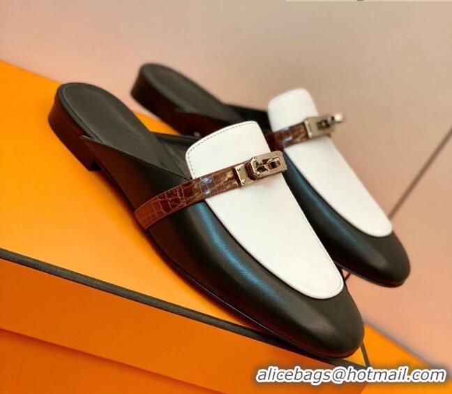 Good Quality Hermes Oz Mule in Smooth Calfskin and Crocodile with Iconic Kelly Buckle Black/White 0209063