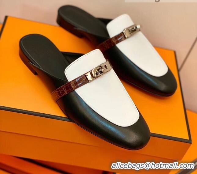 Good Quality Hermes Oz Mule in Smooth Calfskin and Crocodile with Iconic Kelly Buckle Black/White 0209063