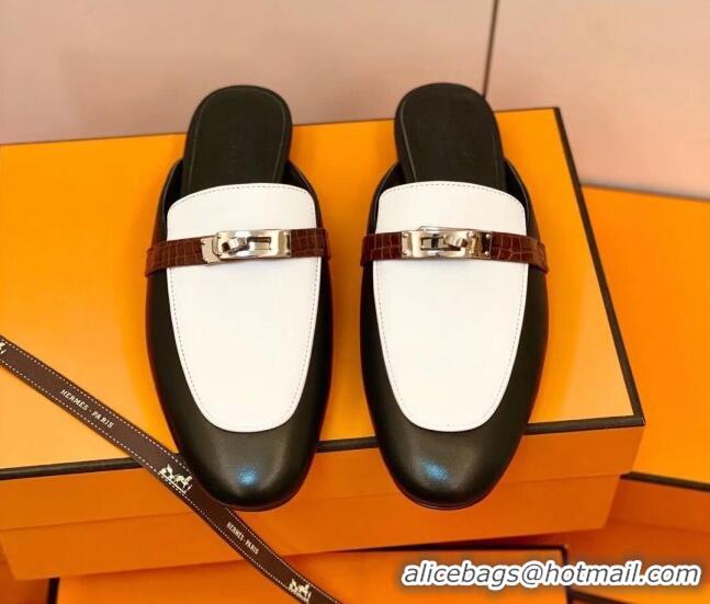 Good Quality Hermes Oz Mule in Smooth Calfskin and Crocodile with Iconic Kelly Buckle Black/White 0209063