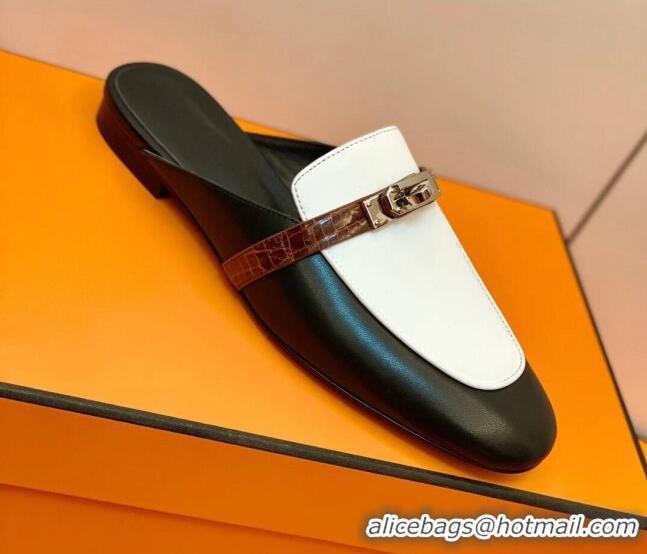 Good Quality Hermes Oz Mule in Smooth Calfskin and Crocodile with Iconic Kelly Buckle Black/White 0209063