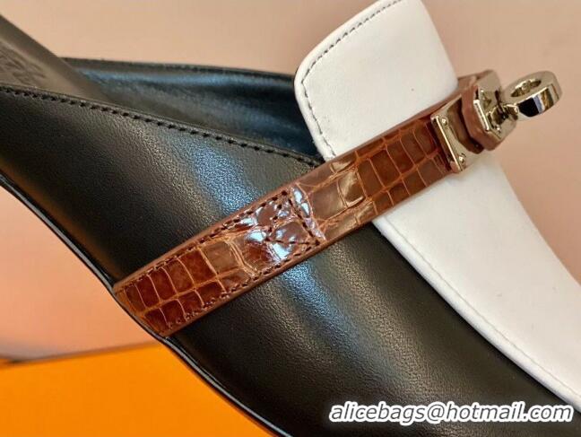 Good Quality Hermes Oz Mule in Smooth Calfskin and Crocodile with Iconic Kelly Buckle Black/White 0209063