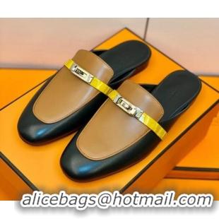 Luxury Hermes Oz Mule in Smooth Calfskin and Crocodile with Iconic Kelly Buckle Black/Brown 0209065