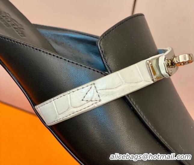 Best Price Hermes Oz Mule in Smooth Calfskin and Crocodile with Iconic Kelly Buckle Black 0209066