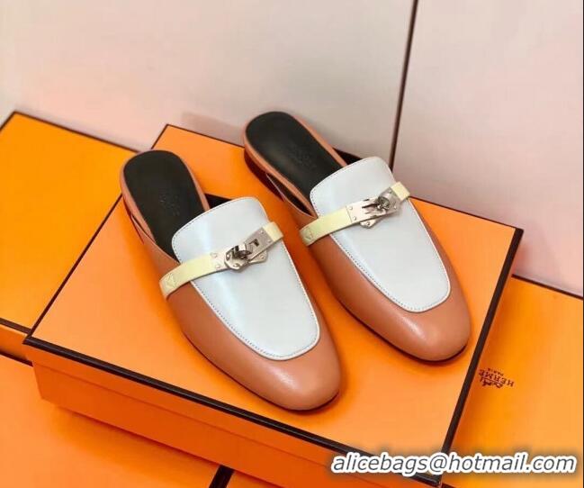 Classic Hot Hermes Oz Mule in Smooth Calfskin with Iconic Kelly Buckle Brown/Off-white 0209067