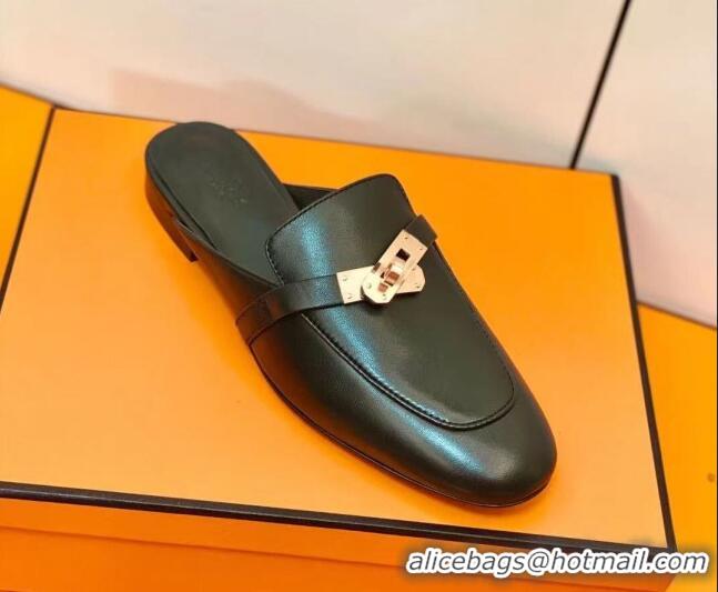 Unique Style Hermes Oz Mule in Smooth Calfskin with Iconic Kelly Buckle Black 0209068