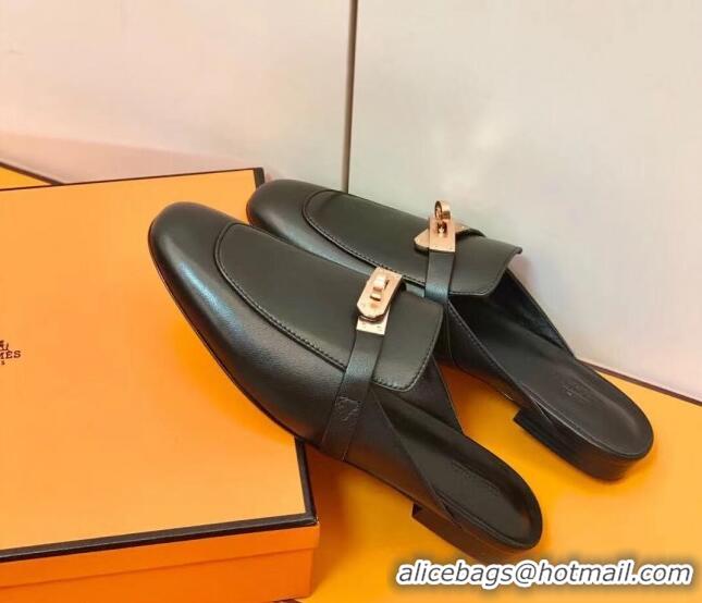 Unique Style Hermes Oz Mule in Smooth Calfskin with Iconic Kelly Buckle Black 0209068