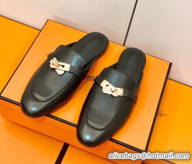 Unique Style Hermes Oz Mule in Smooth Calfskin with Iconic Kelly Buckle Black 0209068