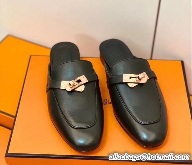 Unique Style Hermes Oz Mule in Smooth Calfskin with Iconic Kelly Buckle Black 0209068