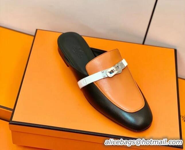 Best Product Hermes Oz Mule in Smooth Calfskin with Iconic Kelly Buckle Brown/Black 0209070