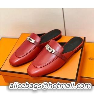 Unique Style Hermes Oz Mule in Smooth Calfskin with Iconic Kelly Buckle Deep Red 0209071