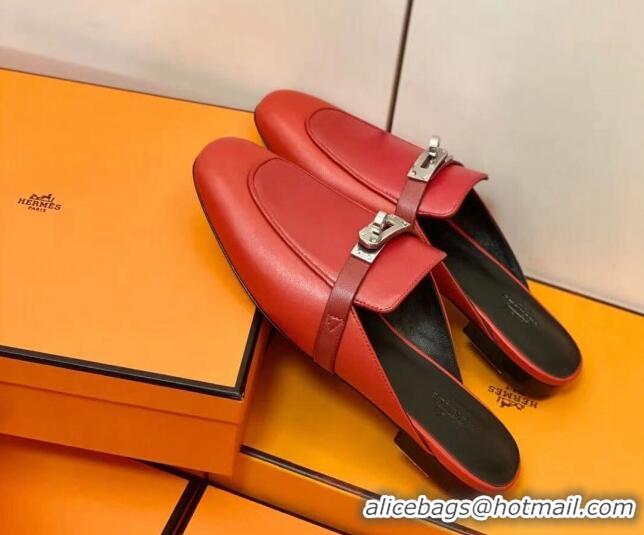 Unique Style Hermes Oz Mule in Smooth Calfskin with Iconic Kelly Buckle Deep Red 0209071