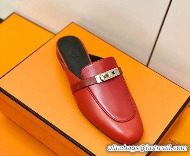 Unique Style Hermes Oz Mule in Smooth Calfskin with Iconic Kelly Buckle Deep Red 0209071