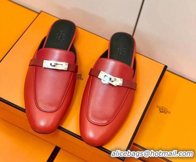 Unique Style Hermes Oz Mule in Smooth Calfskin with Iconic Kelly Buckle Deep Red 0209071